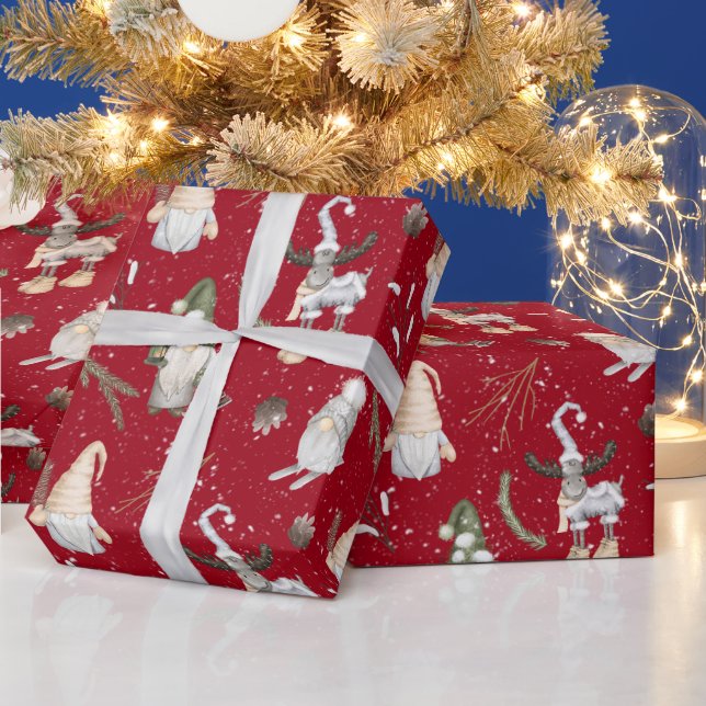 Papier Cadeau Oie de Noël et Gnomes (Vacances)