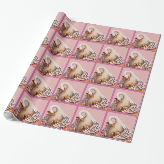 Papier Cadeau Oie Rose Et Ses Bébés Enveloppant Du Papier (Déroulé)