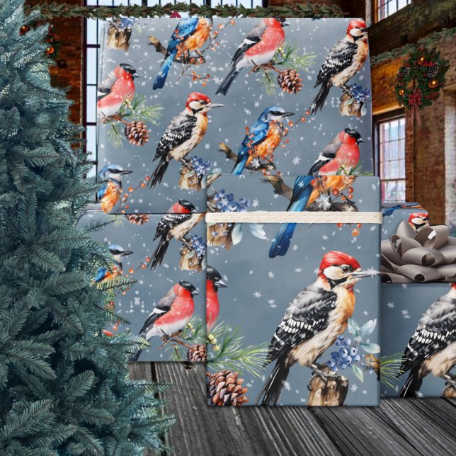 Papier Cadeau Oiseau bleu Bullfinch Première neige hivernale (Woodpecker Bullfinch Blue Bird First Winter Snow Wrapping Paper Rolls)