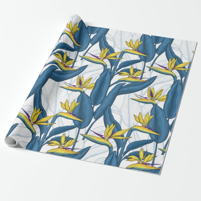 Papier Cadeau Oiseau de fleurs de paradis sur blanc (Déroulé)