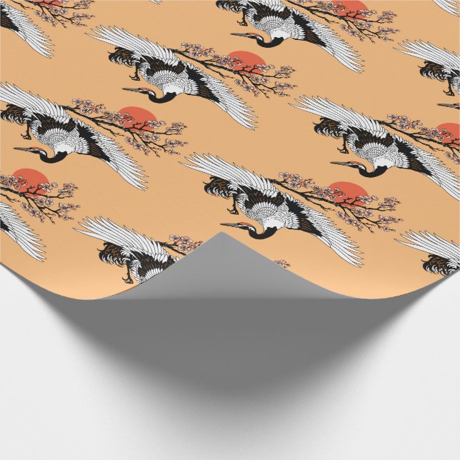 Papier Cadeau Oiseau de grue japonais et sakura en fleurs (Coin)