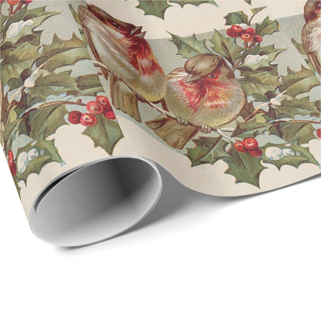 Papier Cadeau Oiseau de Noël Songbird Holly Snow (Coin rond)