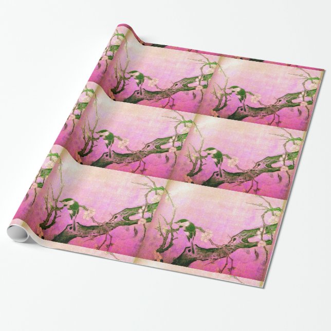 Papier Cadeau OISEAU DE PRINTEMPS ET FLEURS ARBRE rose Brown (Déroulé)
