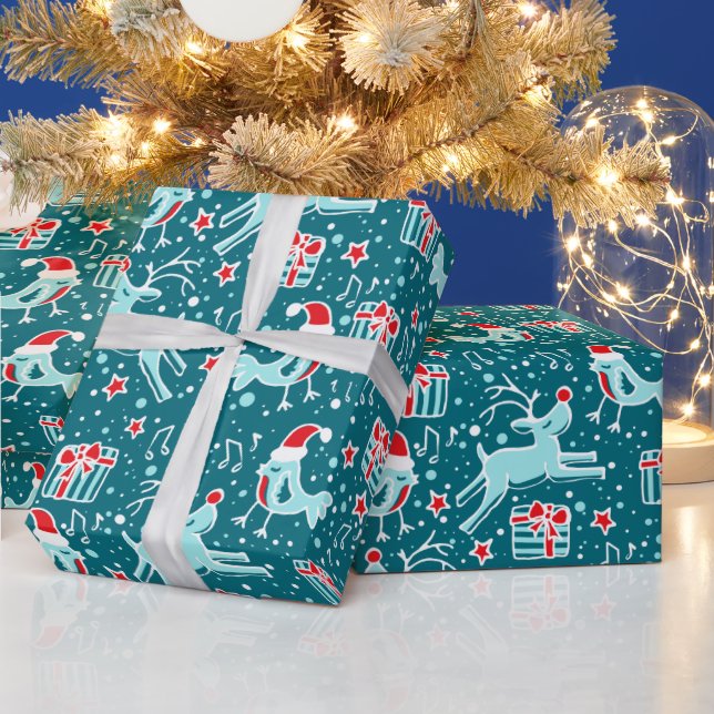 Papier Cadeau Oiseau de rennes turquoise aqua rouge enveloppemen (Vacances)
