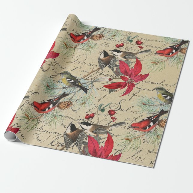 Papier Cadeau Oiseau de vacances de Noël et poinsettia rouge (Déroulé)