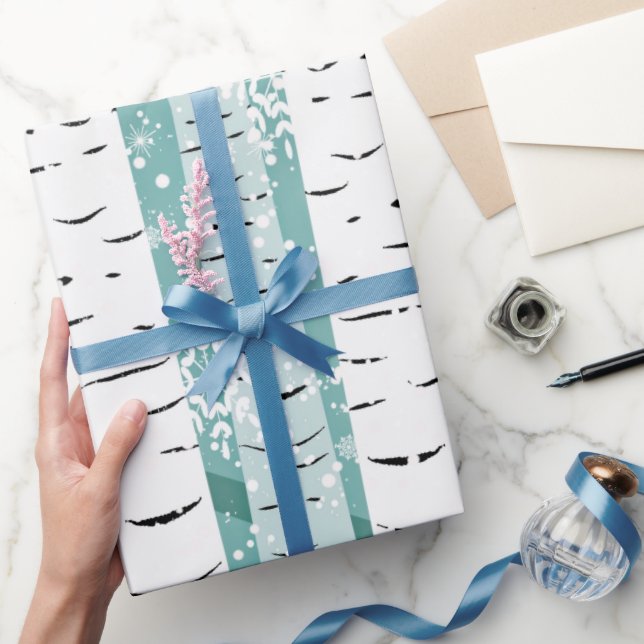 Papier Cadeau Oiseau écorce blanche en hiver bleu (Cadeaux)