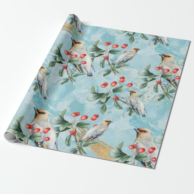Papier Cadeau Oiseau finlandais, verdure de Noël, baie rouge (Déroulé)