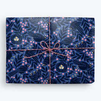 Papier Cadeau Oiseau noir et nid avec des oeufs dorés bleu et ro