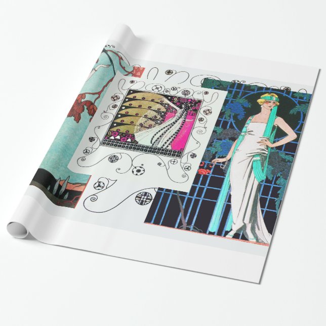 PAPIER CADEAU OISEAU/ROSE DE NUIT ART DÉCO BEAUTÉ MODE (Déroulé)
