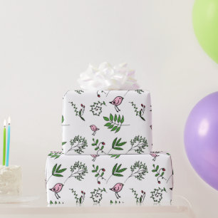 Papier Cadeau Oiseau rose et Feuilles verts