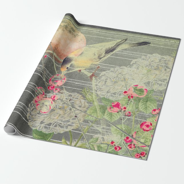Papier Cadeau OISEAU SUR BRANCHE AVEC Papier À PLEINE LUNE (Déroulé)