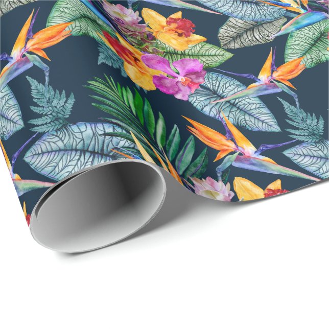 Papier Cadeau Oiseau Tropical Du Paradis Et De L'Orchidée (Coin rond)