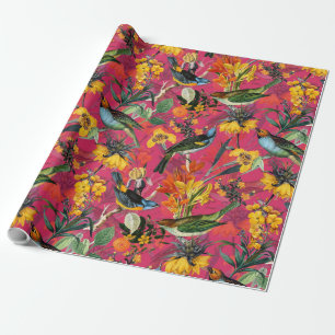 Papier Cadeau Oiseaux anciens et fleurs Motifs roses