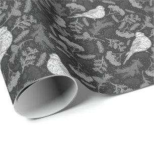Papier Cadeau Oiseaux blancs noirs et blancs d'hiver Bleus flora