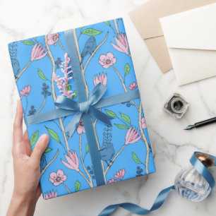 Papier Cadeau Oiseaux bleus et fleurs roses