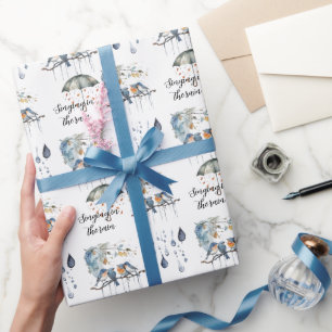 Papier Cadeau Oiseaux Bleus Orange Chantant sous la Pluie