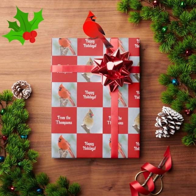Papier Cadeau Oiseaux cardinaux personnalisés rouge chèque Noël (Beautiful cardinal birds "happy holidays" wrapping paper for you to personalize!)
