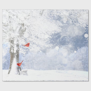 Papier Cadeau Oiseaux cardinaux rouges Arbres enneigés de Noël