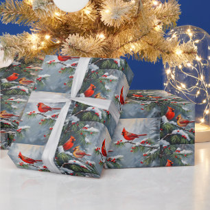 Papier Cadeau Oiseaux cardinaux rouges aux baies sauvages