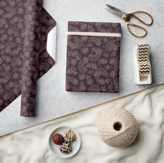 Papier Cadeau Oiseaux, casquettes, glands sur Noël noir (Artisanat)