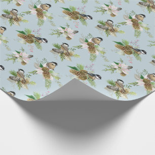 Papier Cadeau Oiseaux chanteurs Poinsettias et cônes de pin