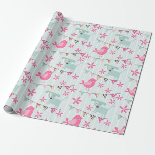 Papier Cadeau Oiseaux, Chiens, Bannières, Fleurs