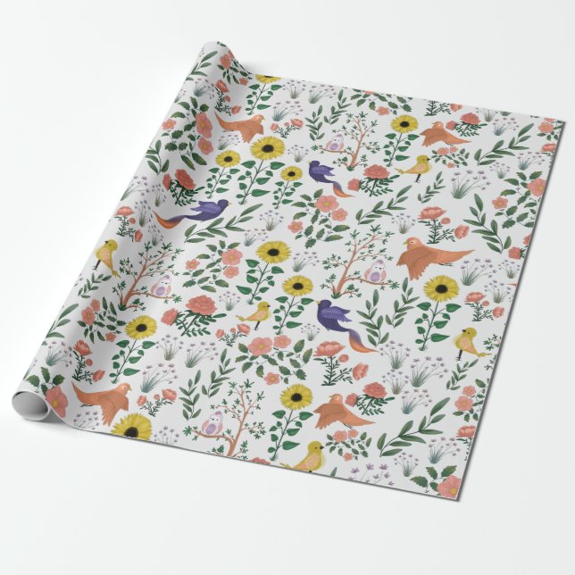 Papier Cadeau Oiseaux colorés et motifs floraux de mignons Boho (Déroulé)