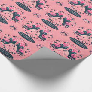 Papier Cadeau Oiseaux d'art populaire bleu rose scandinave bapti