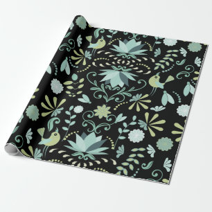 Papier Cadeau Oiseaux de Boho cutus fleurs bleu vert noir motif