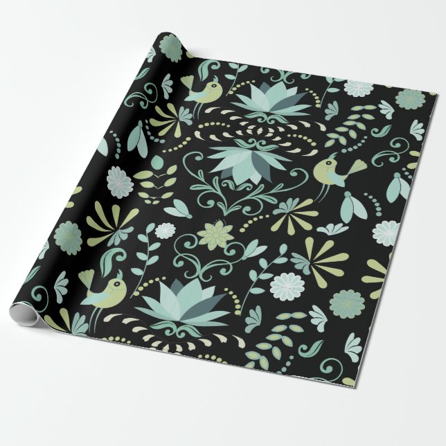 Papier Cadeau Oiseaux de Boho cutus fleurs bleu vert noir motif (Déroulé)