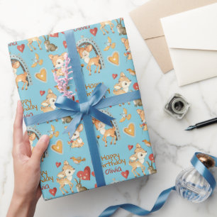 Papier Cadeau Oiseaux de cerfs de bois mignons Coeurs Anniversai