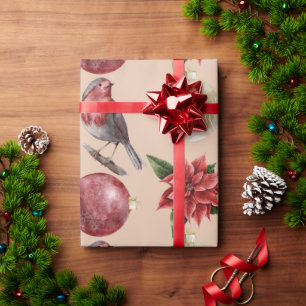 Papier Cadeau Oiseaux de Noël de vacances Poinsettias Ornements 