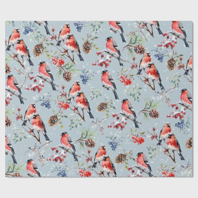 Papier Cadeau Oiseaux de Noël Red Bullfinch Berries & Pine Cônes (Plat)