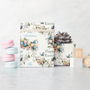 Papier Cadeau Oiseaux de Pâques et œufs pastel floral aquarelle