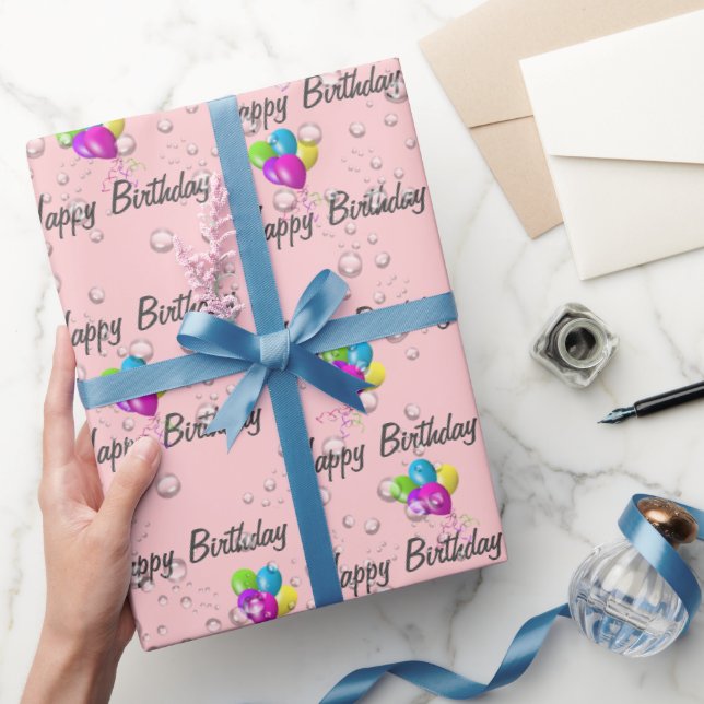 Papier Cadeau Oiseaux de pluie et ballons sur rose (Cadeaux)