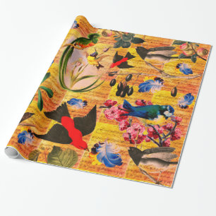 Papier Cadeau OISEAUX DE PRINTEMPS, PÊCHEURS, FRUITS Notes music