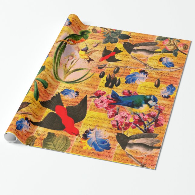 Papier Cadeau OISEAUX DE PRINTEMPS, PÊCHEURS, FRUITS Notes music (Déroulé)