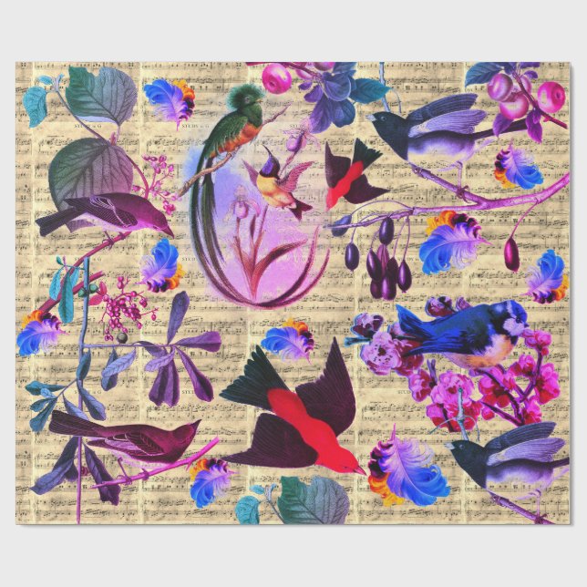 Papier Cadeau OISEAUX DE PRINTEMPS, PLUMES, FRUITS Bleu rose Not (Plat)