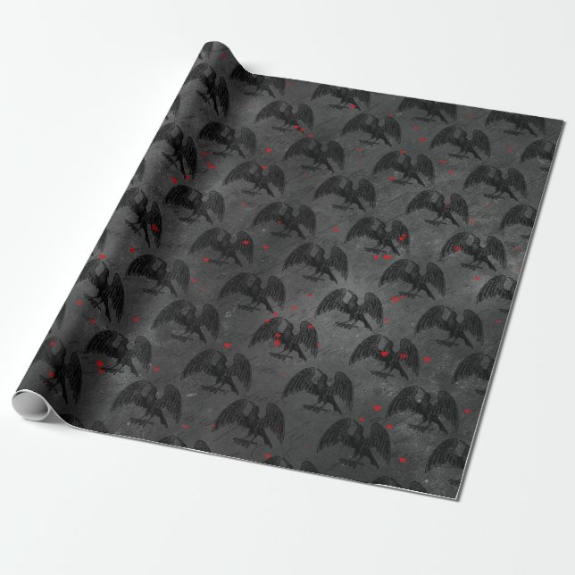 Papier Cadeau Oiseaux et coeurs noirs sur gris (Déroulé)