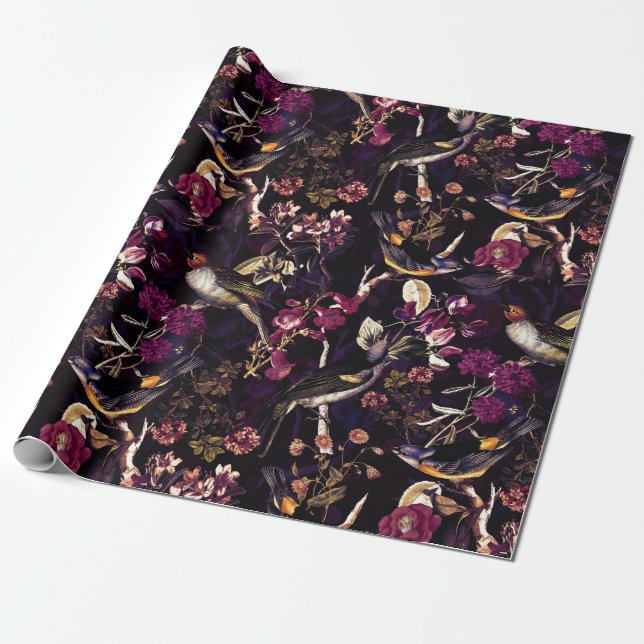 Papier Cadeau Oiseaux et fleurs d'antiquités Motif sur le violet (Déroulé)