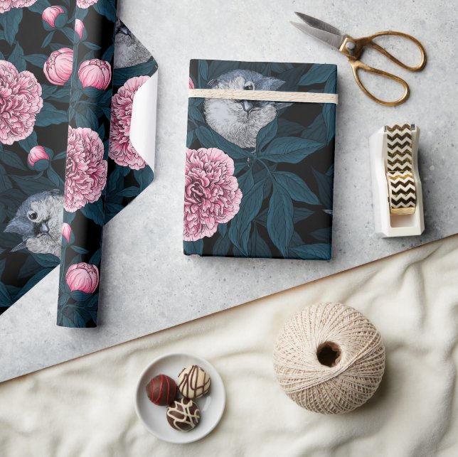Papier Cadeau Oiseaux et fleurs de pivoines roses avec feuille (Artisanat)