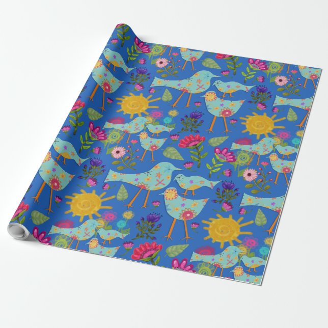 Papier Cadeau Oiseaux et fleurs lunaires Jour du soleil (Déroulé)