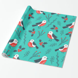 Papier Cadeau Oiseaux et Motif de Noël Holly Berry