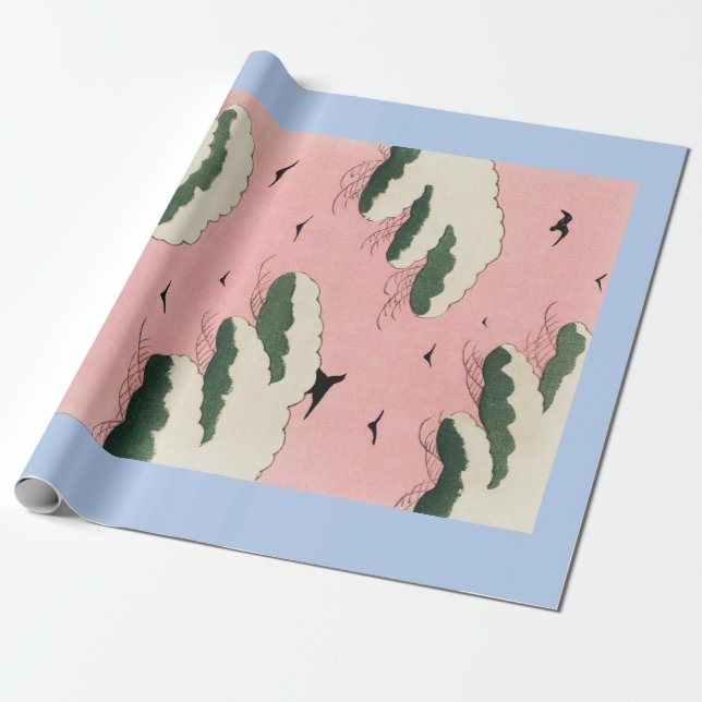 Papier Cadeau OISEAUX ET NUAGES JAPONAIS DE HOKUSAI Papier à env (Déroulé)