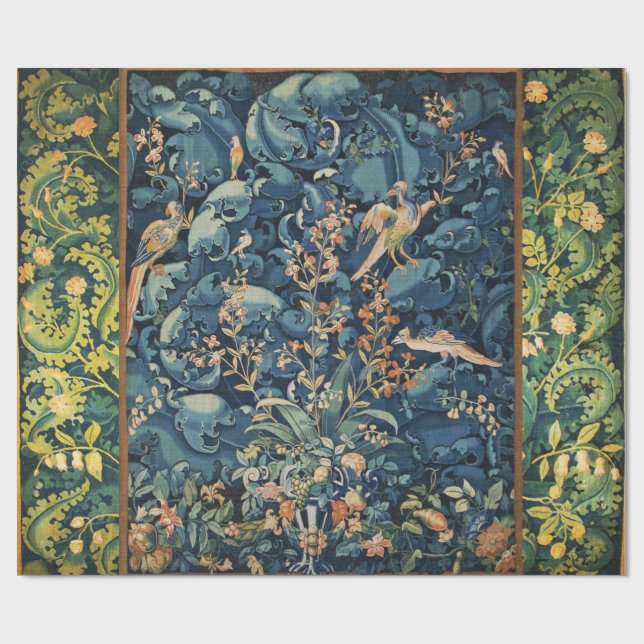 Papier Cadeau OISEAUX, FLEURS ET FEUILLES DE CABBAGE, Bleu (Plat)