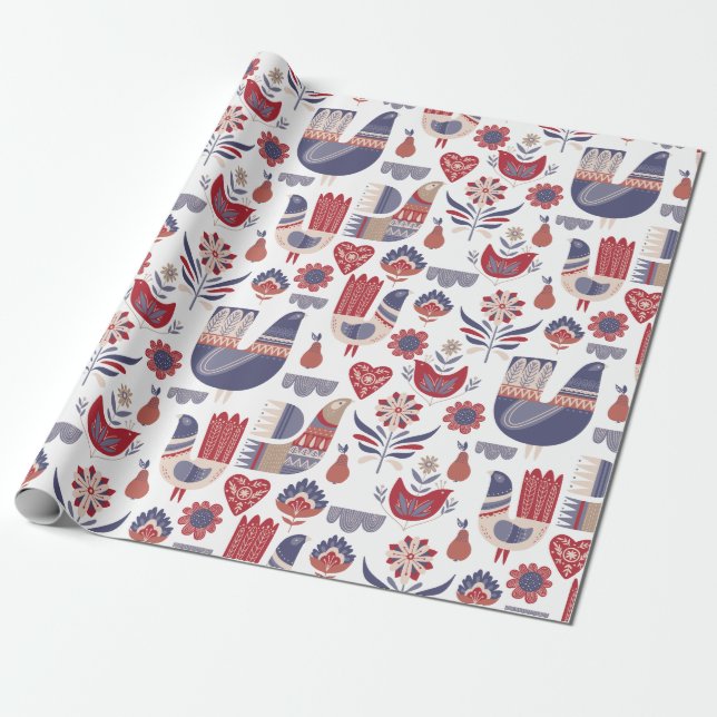 Papier Cadeau Oiseaux floraux d'hiver scandinave (Déroulé)