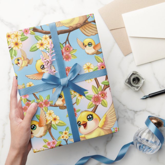 Papier Cadeau Oiseaux mignons et heureux parmi les fleurs du pri (Cadeaux)
