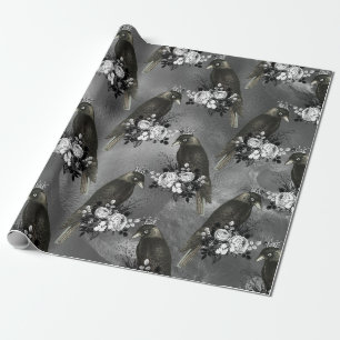 Papier Cadeau Oiseaux noirs couronnés et fleurs blanches sur gr