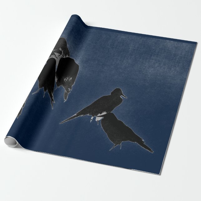 PAPIER CADEAU OISEAUX NOIRS EN TÊTE D'ENCRE JAPONAISE BLEU (Déroulé)