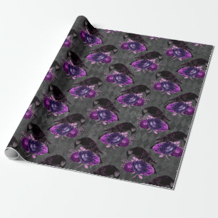 Papier Cadeau Oiseaux noirs et Roses pourpres